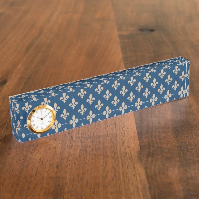 Fleur de Lis Pattern, Royal French, Cream on Blue Nameplate (Side)