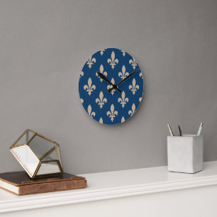 Fleur de Lis Pattern, Royal French, Cream on Blue Round Clock