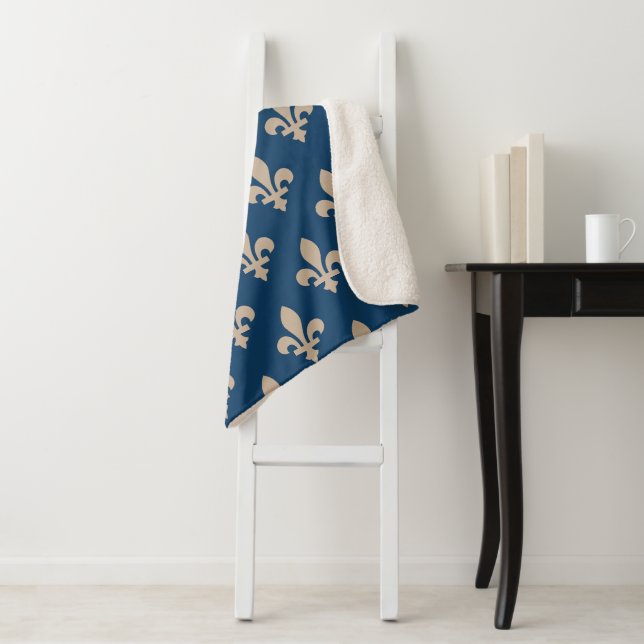 Fleur de Lis Pattern, Royal French, Cream on Blue Sherpa Blanket (In Situ)