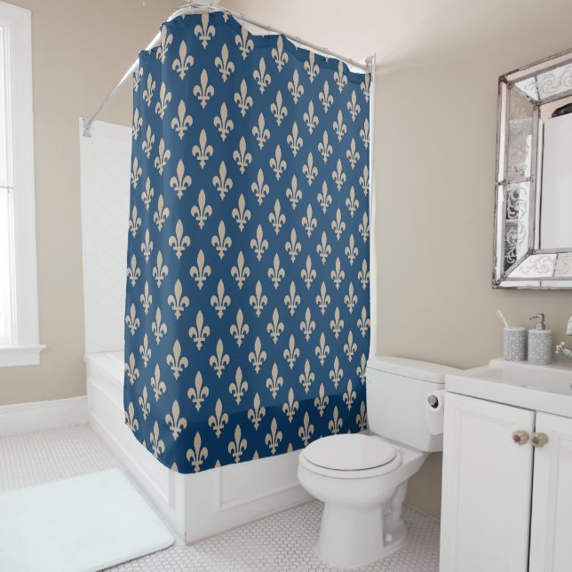 Fleur de Lis Pattern, Royal French, Cream on Blue Shower Curtain (In Situ)