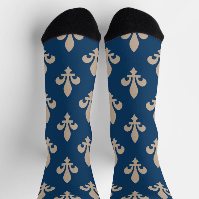 Fleur de Lis Pattern, Royal French, Cream on Blue Socks (Top)