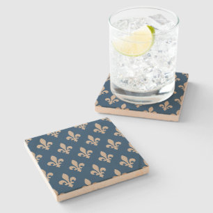 Fleur de Lis Pattern, Royal French, Cream on Blue Stone Coaster