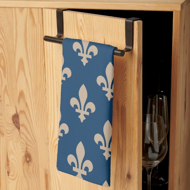 Fleur de Lis Pattern, Royal French, Cream on Blue Tea Towel (Thirds Fold)
