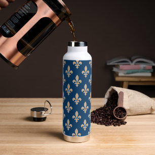 Fleur de Lis Pattern, Royal French, Cream on Blue Water Bottle