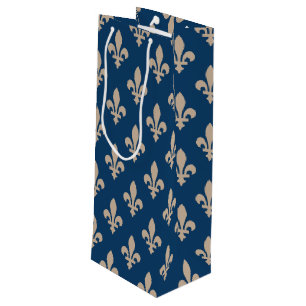 Fleur de Lis Pattern, Royal French, Cream on Blue Wine Gift Bag