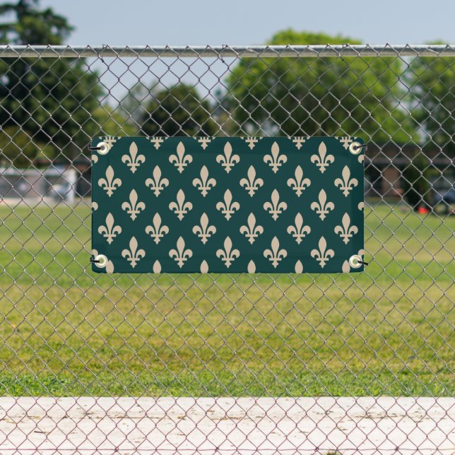 Fleur de Lis Pattern, Royal French Cream on Green Banner (Insitu)