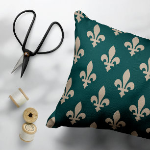 Fleur de Lis Pattern, Royal French Cream on Green Decorative Cushion