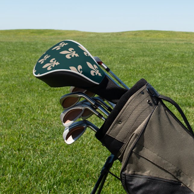 Fleur de Lis Pattern, Royal French Cream on Green Golf Head Cover (In Situ)