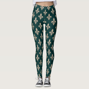 Fleur de Lis Pattern, Royal French Cream on Green Leggings