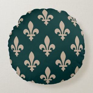 Fleur de Lis Pattern, Royal French Cream on Green Round Cushion