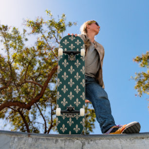 Fleur de Lis Pattern, Royal French Cream on Green Skateboard