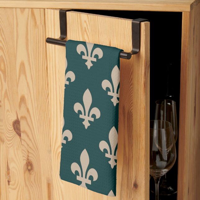 Fleur de Lis Pattern, Royal French Cream on Green Tea Towel (Thirds Fold)