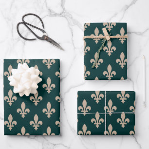 Fleur de Lis Pattern, Royal French Cream on Green Wrapping Paper Sheet