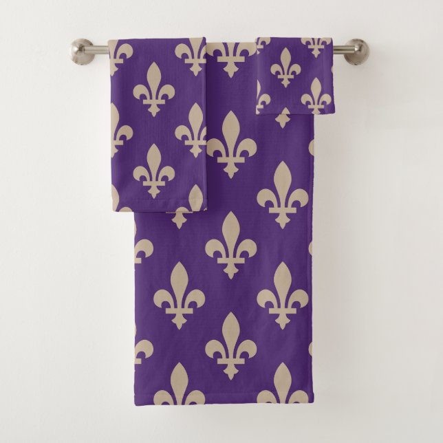 Fleur de Lis Pattern, Royal French Cream on Purple Bath Towel Set (Insitu)