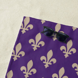 Fleur de Lis Pattern, Royal French Cream on Purple Beach Towel