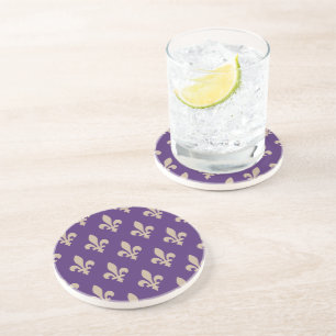 Fleur de Lis Pattern, Royal French Cream on Purple Coaster