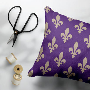 Fleur de Lis Pattern, Royal French Cream on Purple Decorative Cushion
