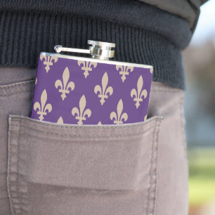 Fleur de Lis Pattern, Royal French Cream on Purple Hip Flask