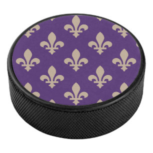 Fleur de Lis Pattern, Royal French Cream on Purple Hockey Puck