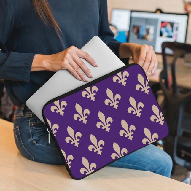 Fleur de Lis Pattern, Royal French Cream on Purple Laptop Sleeve (Creator Uploaded)