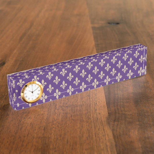 Fleur de Lis Pattern, Royal French Cream on Purple Nameplate (Side)
