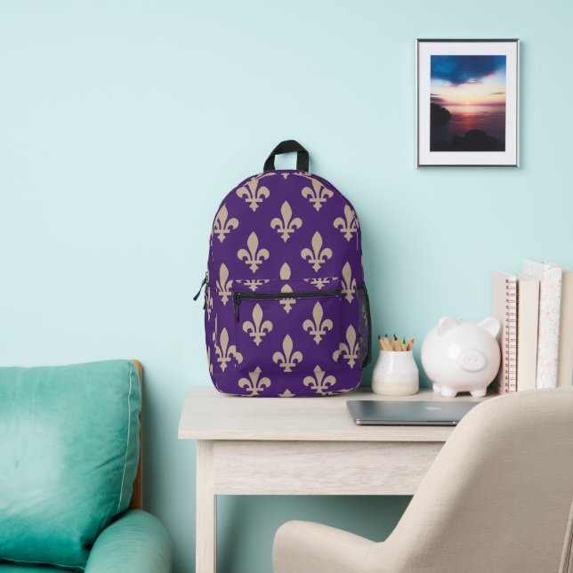 Fleur de Lis Pattern, Royal French Cream on Purple Printed Backpack (Insitu)