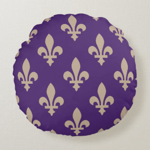 Fleur de Lis Pattern, Royal French Cream on Purple Round Cushion