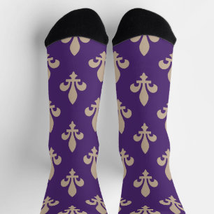 Fleur de Lis Pattern, Royal French Cream on Purple Socks