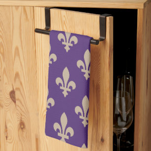 Fleur de Lis Pattern, Royal French Cream on Purple Tea Towel