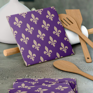 Fleur de Lis Pattern, Royal French Cream on Purple Tile