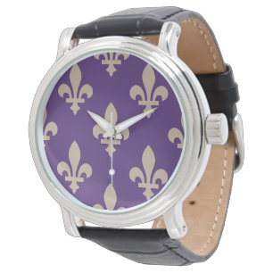 Fleur de Lis Pattern, Royal French Cream on Purple Watch