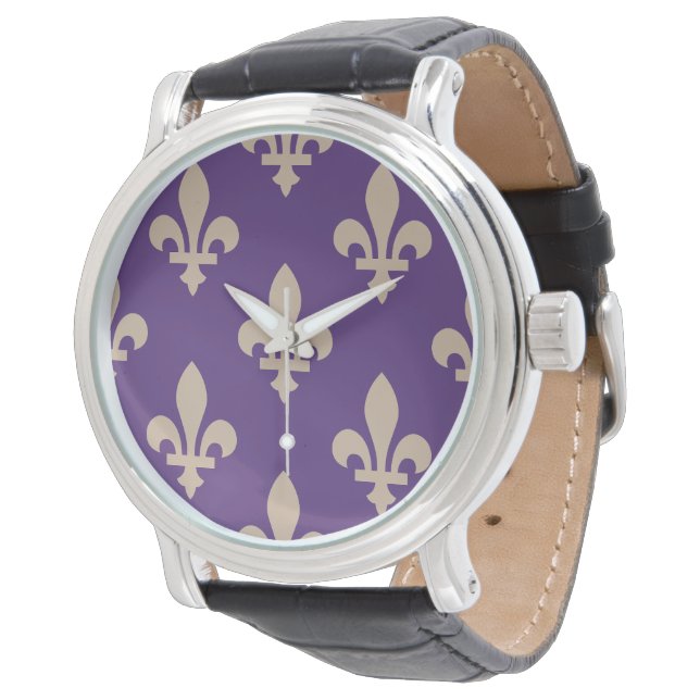 Fleur de Lis Pattern, Royal French Cream on Purple Watch (Angled)