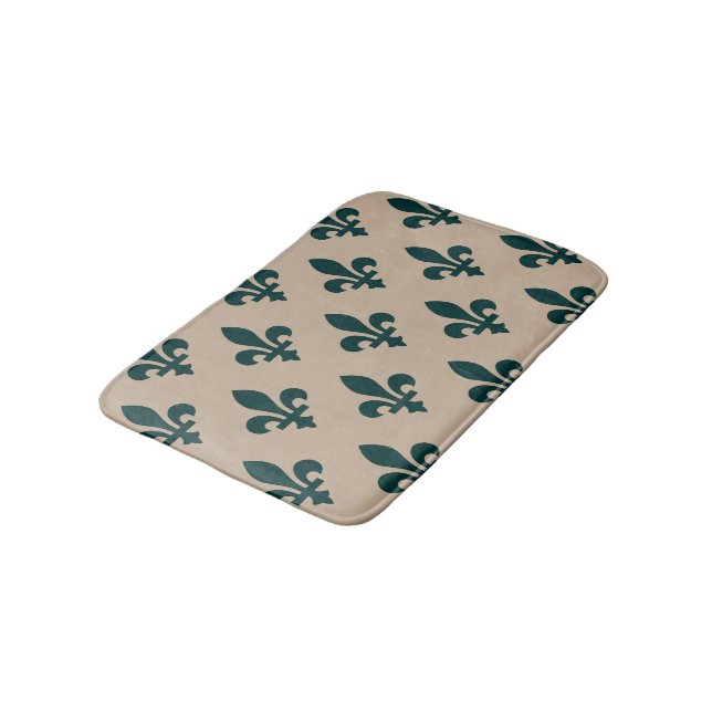 Fleur de Lis Pattern, Royal French Green on Cream Bath Mat (Angled)