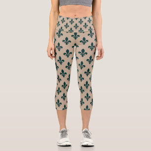 Fleur de Lis Pattern, Royal French Green on Cream Capri Leggings