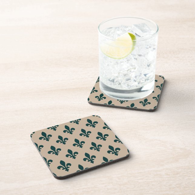Fleur de Lis Pattern, Royal French Green on Cream Coaster (Right Side)