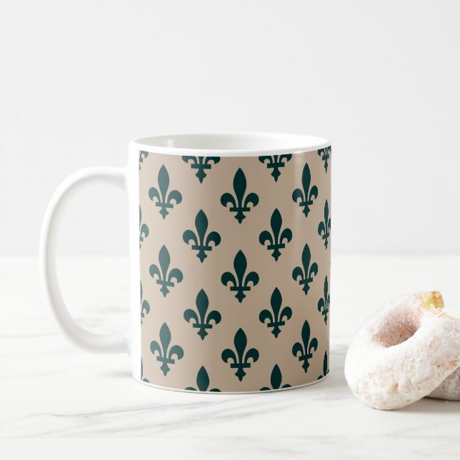 Fleur de Lis Pattern, Royal French Green on Cream Coffee Mug (With Donut)
