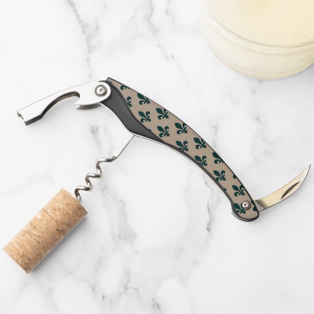 Fleur de Lis Pattern, Royal French Green on Cream Corkscrew (Front)
