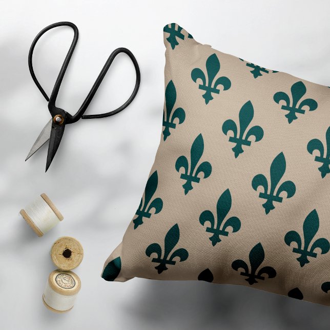 Fleur de Lis Pattern, Royal French Green on Cream Decorative Cushion (Creator Uploaded)