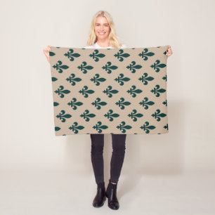 Fleur de Lis Pattern, Royal French Green on Cream Fleece Blanket