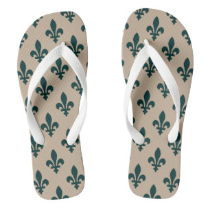 Fleur de Lis Pattern, Royal French Green on Cream Jandals