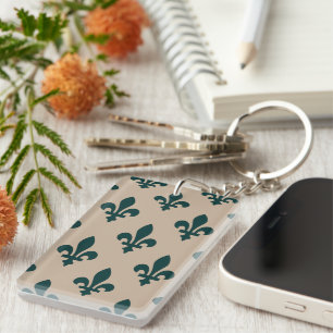 Fleur de Lis Pattern, Royal French Green on Cream Key Ring