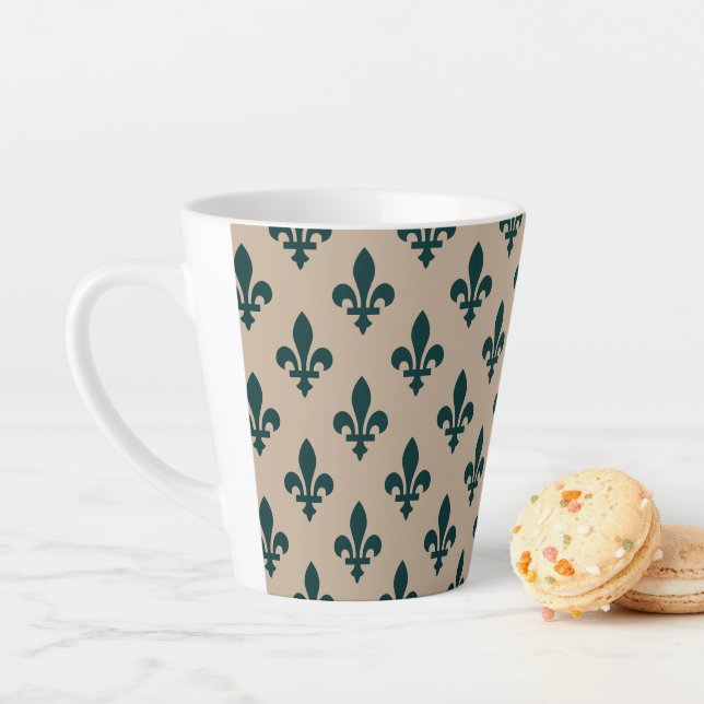 Fleur de Lis Pattern, Royal French Green on Cream Latte Mug (In Situ)