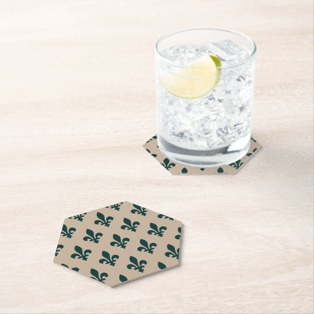 Fleur de Lis Pattern, Royal French Green on Cream Paper Coaster (Insitu)