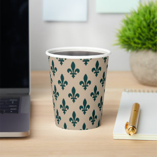 Fleur de Lis Pattern, Royal French Green on Cream Paper Cups