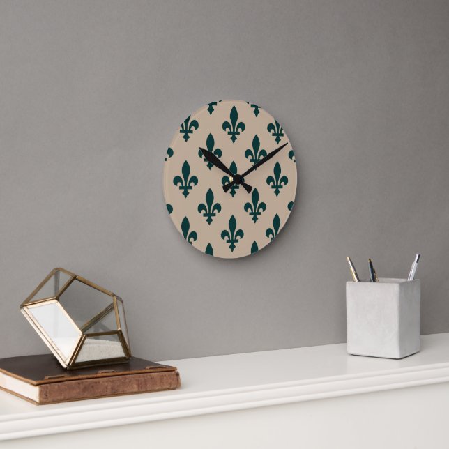 Fleur de Lis Pattern, Royal French Green on Cream Round Clock (Office)