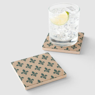 Fleur de Lis Pattern, Royal French Green on Cream Stone Coaster