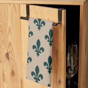 Fleur de Lis Pattern, Royal French Green on Cream Tea Towel