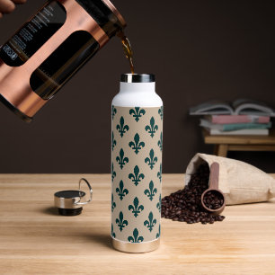 Fleur de Lis Pattern, Royal French Green on Cream Water Bottle