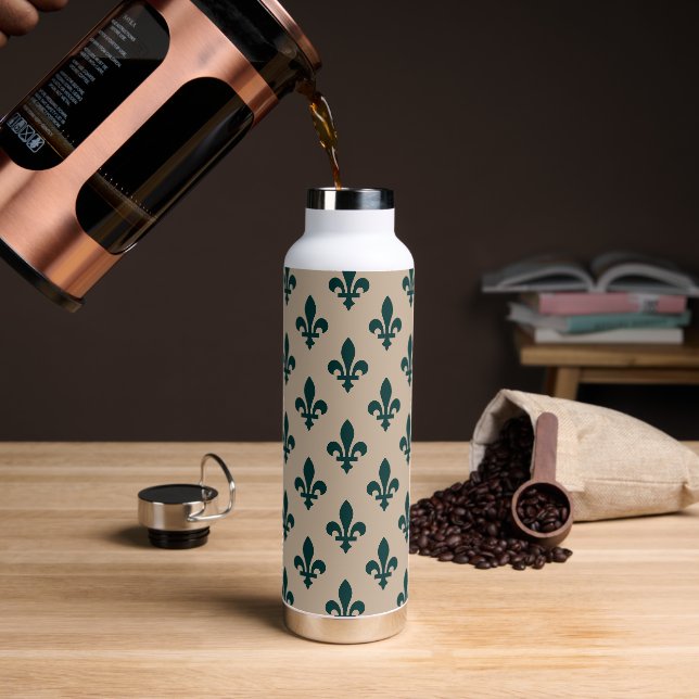 Fleur de Lis Pattern, Royal French Green on Cream Water Bottle (Coffee)