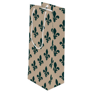 Fleur de Lis Pattern, Royal French Green on Cream Wine Gift Bag